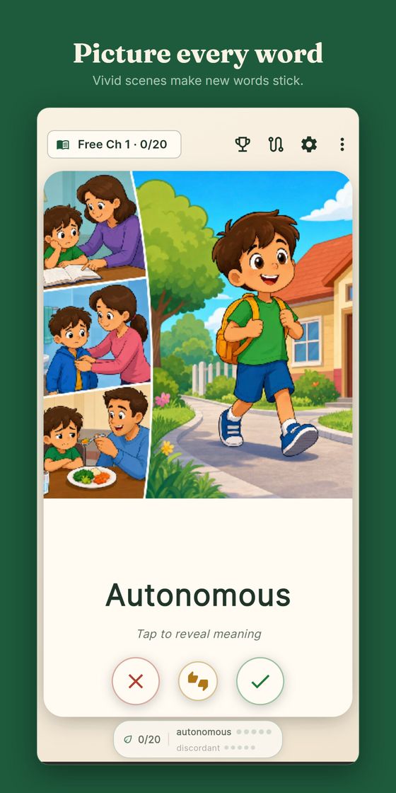 Picture every word — a GRE word shown as an illustrated scene, because vivid pictures make new words stick