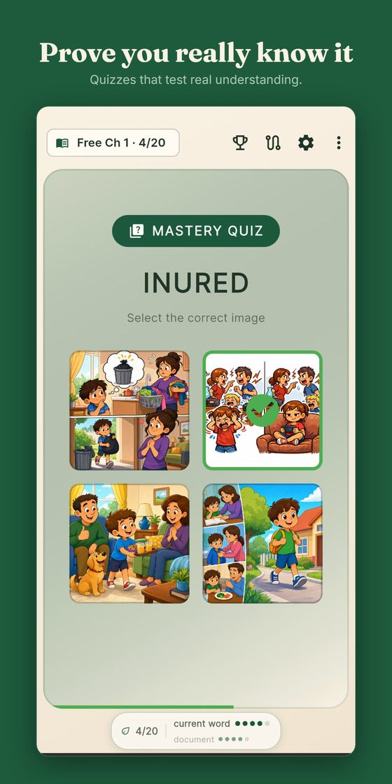 Prove you really know it — a mastery quiz asking you to pick which of four scenes means INURED