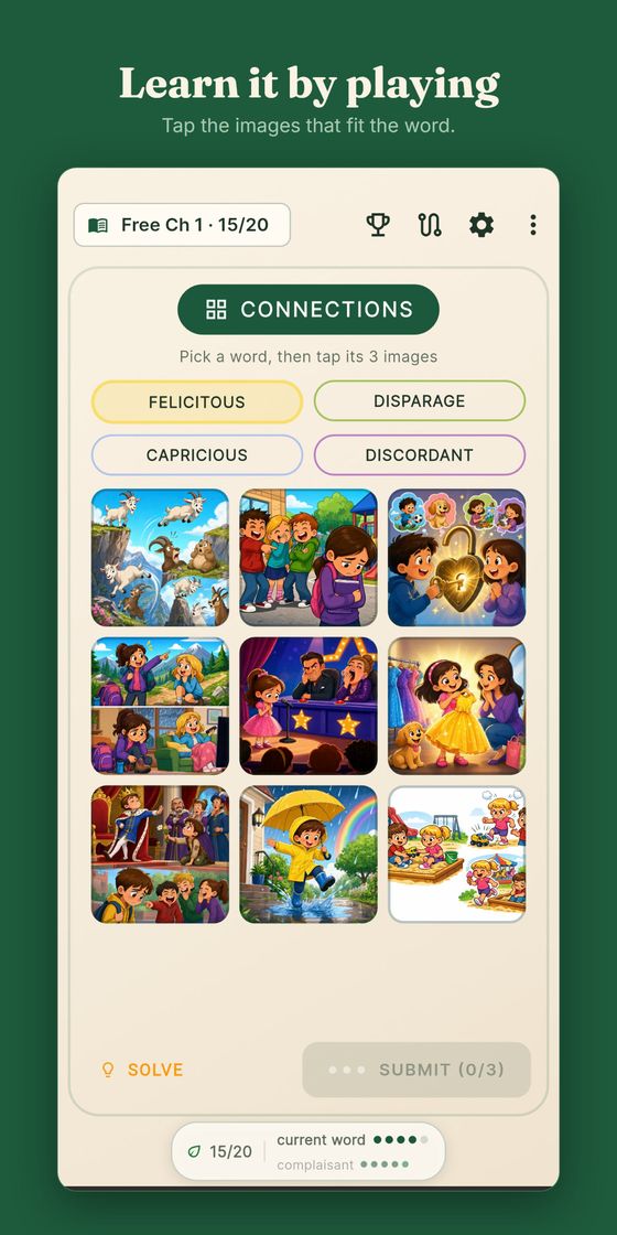 Learn it by playing — the Connections board, where you tap the three images that fit a word
