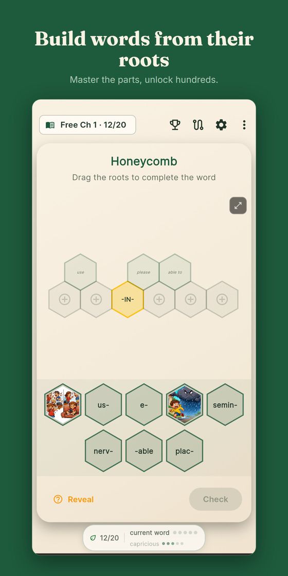 Build words from their roots — a honeycomb of word parts, so learning one root unlocks many words