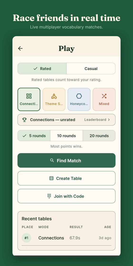 Race friends in real time — live multiplayer vocabulary matches with rated and casual tables
