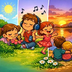 Children listening to music as the sun sets