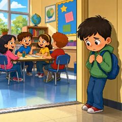 A boy hanging back in a classroom doorway