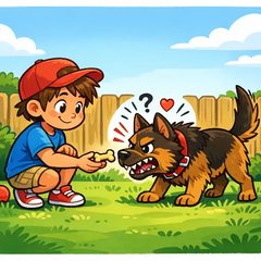 A boy offering a treat to a growling dog