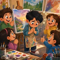 A shy painter shown his own picture by friends