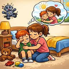 A child comforting a crying sibling