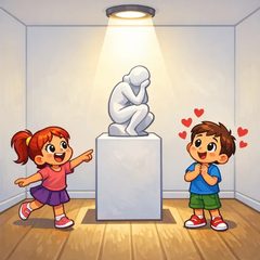 Two children admiring a sculpture in a gallery
